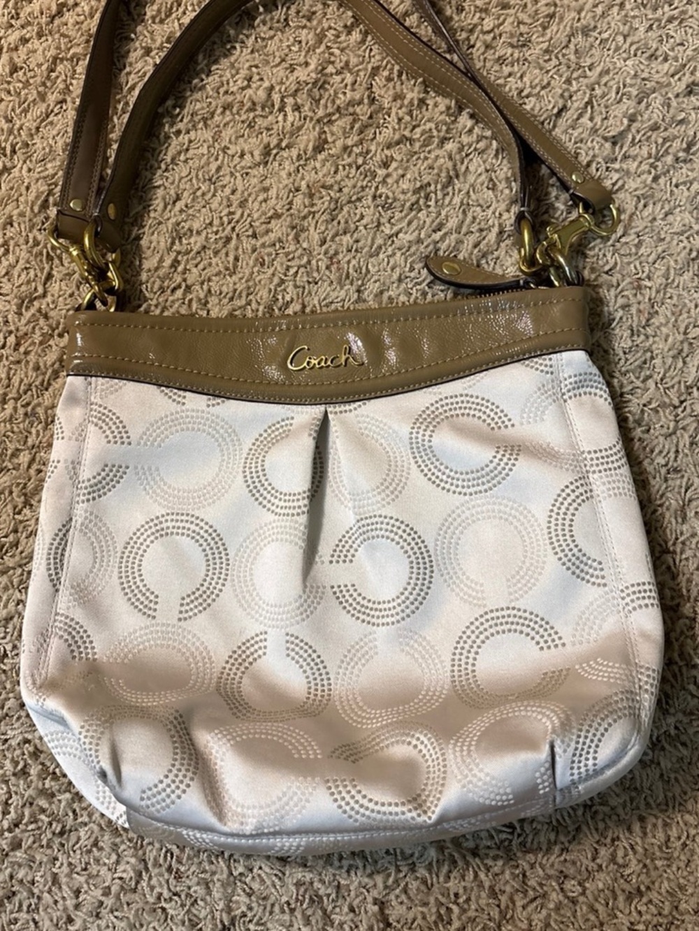 COACH Ashley Op Art Dotted Signature Tan Sateen Hippie Shoulder / Crossbody Bag